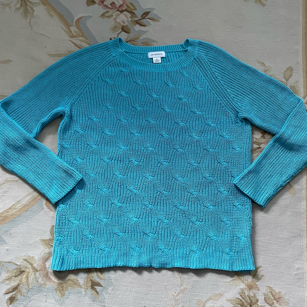 Liz Claiborne Turquoise Cable Knit Crew Neck Sweater